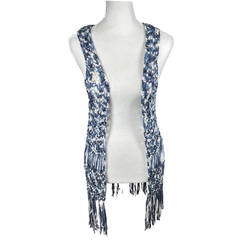 Blue White Tie Dye Fringe Stretch Knit Vest XS Open Front Western Boho Festival